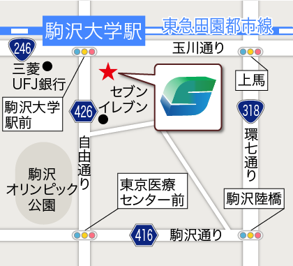 駒沢皮膚科クリニックの周辺地図（アクセス詳細ページへリンク）